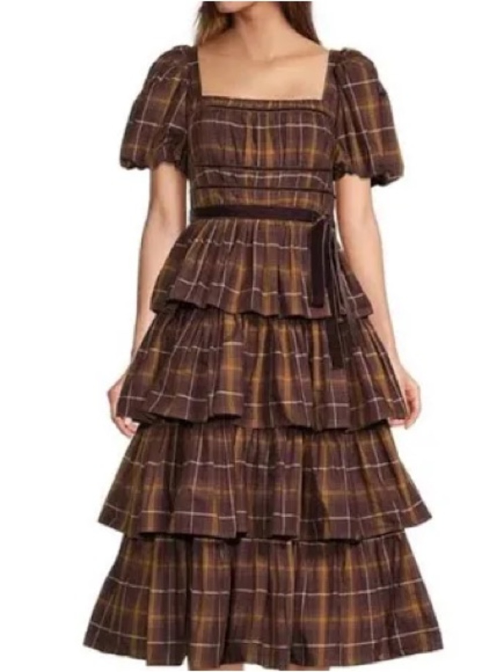 ANTONIO MELANI Brown Plaid Tiered Puff-Sleeve Midi Dress